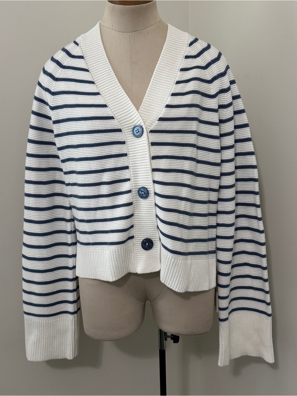 NEW Design 365 Large Navy Blue & White Cardigan Sweater Nautical Preppy Layering